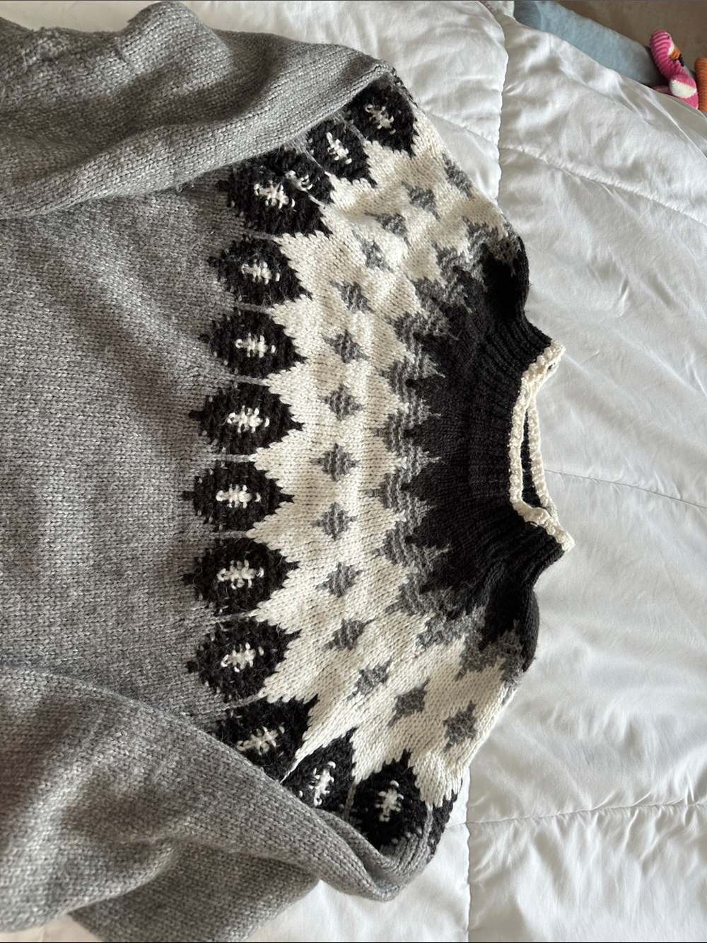 LOFT Gray, Black & Cream Nordic Yoke Crew Sweater